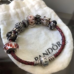 Pandora Jewelry - Pandora leather bracelet with 6charms 3spacers Pandora Jewelry - Pandora leather bracelet with 6charms 3spacers